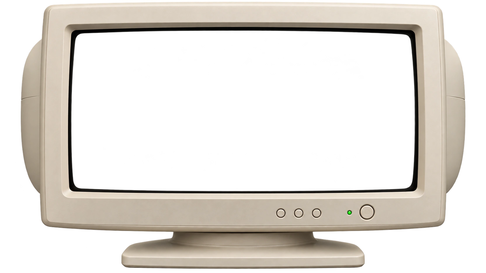 A wide beige early-2000s CRT monitor with physical controls and a pedestal stand